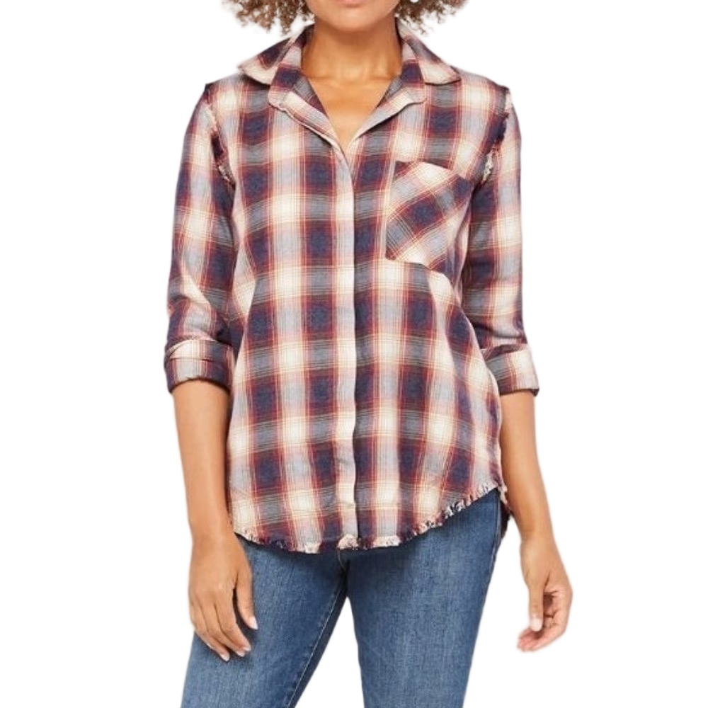 Cloth & Stone Berry Fray Plaid shirt red navy blue flannel distressed Size M